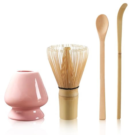 Matcha Tea Set with Whisk and Spoon, Matcha Whisk Kit with Ceramic Whisk Holder Scoop Matcha Ceremony Accessory Set Matcha Gift Set(Pink)