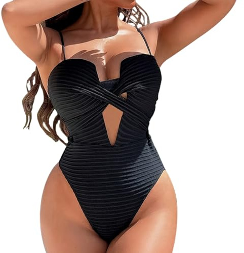 Harssidanzar Traje de baño de una Pieza diseño Traje de baño Vintage Traje de baño de Cintura Alta para Mujer KL414EU,Negro,S