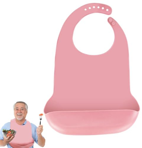 RESTALLADNWEST Washable Adult Bibs for Elderly, Silicone Bibs for Adult with Crumb Catcher, Adjustable Adult Bib for Men Women Eating Waterproof Wipeable Easy Clean (1, Pink)