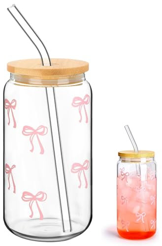 Qaestuan Vaso Cristal con Tapa y Pajita, Diseño Lindo Bow, Elegante Taza Arco de 500ml, Versátil Vasos Cafe Cristal, Reutilizable Vasos de Matcha, para Agua, Jugo, Café, Batidos