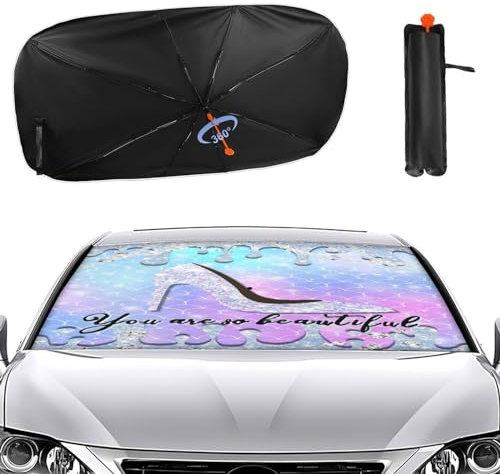 Parapluie Pare-Soleil Pliable argenté à Talons Hauts pour Voiture, Joli Maquillage pour Femme, Tendance Moderne, Gouttes colorées, Paillettes, Pare-Soleil pour Voiture, Garde Le véhicule au Frais - 2