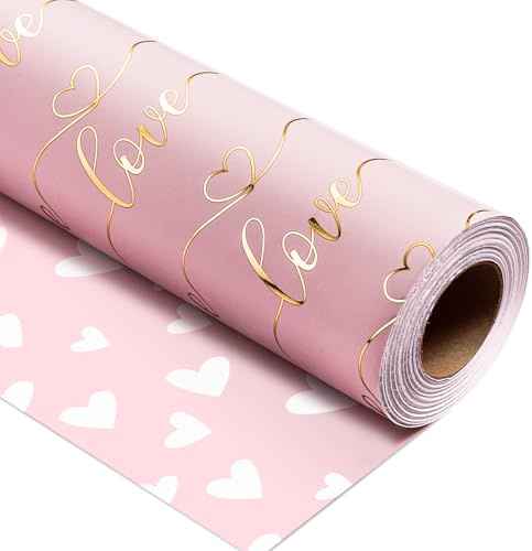 Wikadlik Rosa Geschenkpapier - 43 cm x 10 m Mini-Rolle - Romantisches Liebes- und Herz-Muster für Valentinstag, Muttertag, Hochzeiten & Geburtstage