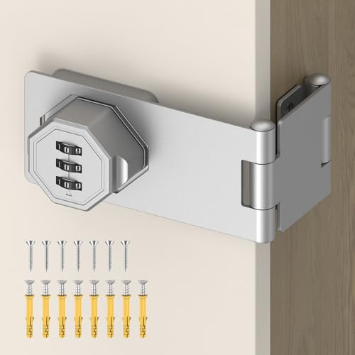 BiceNoning 90 Degree 3-Digit Combination Cabinet Lock, Zinc Alloy Keyless Folding Hasp Lock Latch, Password Security Rotary Door Latch for Office File Cabinet, Drawer, Locker, Cupboard (1, Silver)