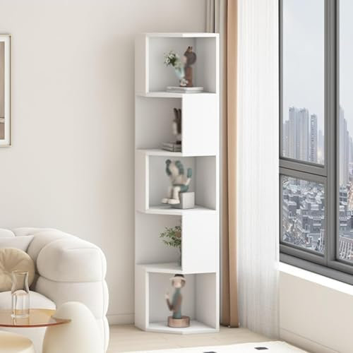 5-Tier Corner Bookshelf Freestanding Etagere Shelf with Baffles Stylish White Bookcase for Living Room & Home Office Space-Saving Display Shelf Unit