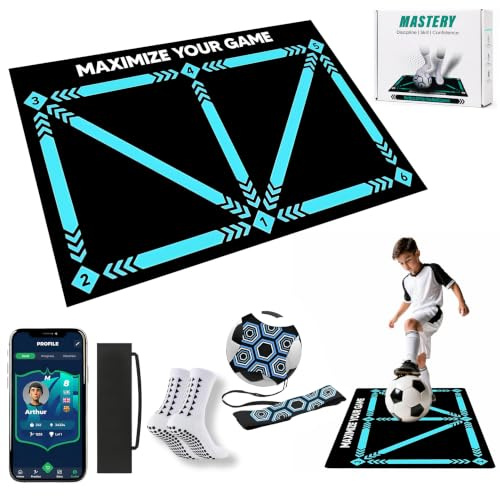 Football Training Mat and Kick Trainer with Mastery APP - Mastery Skills Footwork Mat 90x60cm Football Gifts for Boys | Pro Dribble Ball Control & Stress Relief Games for Kids Girls