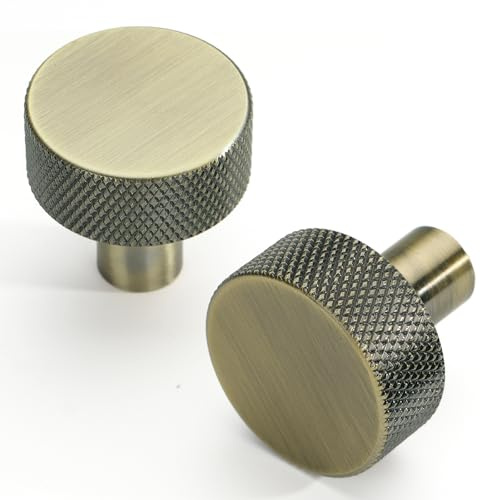 FURNIWARE 10 Stück Möbelknöpfe Shiny Antik Messing, Schubladenknöpfe Vintage Bronze, Schrankknöpfe Gerändelte 31mm, küchenknöpfe Knauf, Türknauf Runde, Kommode Antik für Schränke, Kleiderschrank