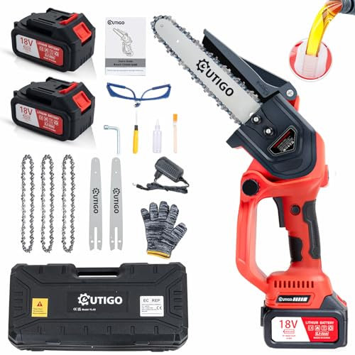 OUTIGO Motosega a batteria, motosega brushless da 800 W con 4 catene e 3 barre di guida, 2 batterie da 3000 mA, adatta per il taglio del legno e il giardinaggio