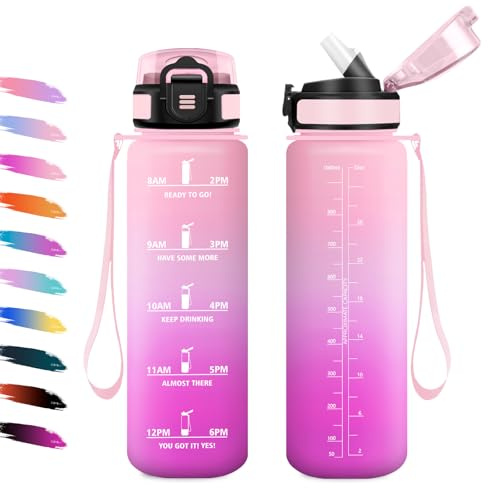 Trinkflasche 1L, Auslaufsicher Wasserflasche mit Strohhalm, Wasserflasche Kohlensäure Geeignet, Motivierende Trinkflasche mit Zeitmarkierung, Sportflasche für Sprudel, Klettern, Schule, Camping