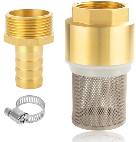 Messing Rückschlagventil 1 1/2 Zoll, Saugfilter Set 1 1/2, Messing Fußventil mit Rückschlagventil, Saugkorb, Schlauchanschluss und Schlauchschelle (Schraubengewinde 1 1/2” + Schlauchanschluss 32mm)