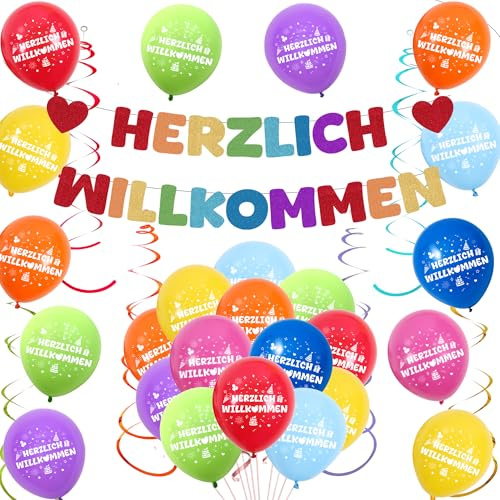 Herzlich Willkommen Girlande Ballons Deko - Welcome Home Dekoration Bunt Banner Luftballons und Hängende Spiralen, Regenbogen Dekorationen für Babyparty Empfang Familienfeiern