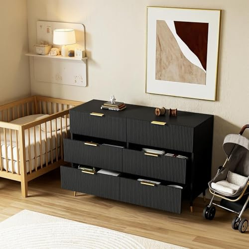 FurnitureR Schwarze Kommode, 6 Schubladen, 120 cm, Moderne Optik, Kinderzimmermöbel, Funktional und Platzsparend, Robuste Konstruktion