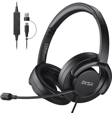 EKSA H27 Casque PC avec Microphone, Casque Stéréo Filaire Ouvert avec Bouton, Casque à Réduction de Bruit avec Ports USB-C/USB-A pour Portable/Bureau/Centre D'appels