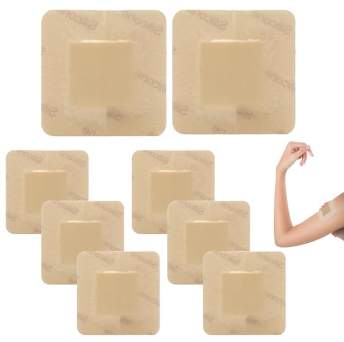 LOLANIUT Silikonschaumverband 8 Stück, 6×5×5cm + 2×7,5×7,5cm Silikonkleber Schaumstoffverband, Selbstklebender Wundverband, Wasserdichter Wundpflaster, Atmungsaktiv Dekubitus Pflaster, Hautfreundlich
