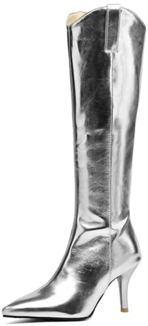 CUTEHEELS Botas altas de tobillo para mujer, Metálicas, 8 cm, Stiletto | Botines con punta en punta para moda de noche y escenario, plata, 43 EU