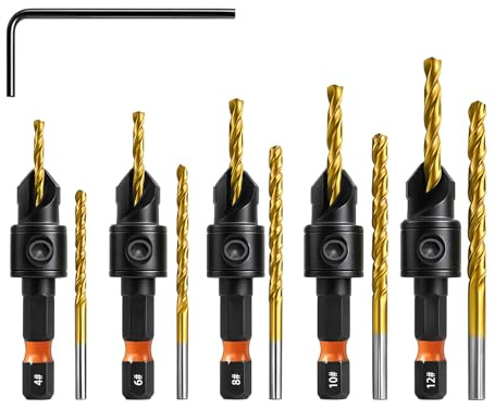Saipor 11-Piece Countersink Drill Bit Set, HSS Counter Sink Drill Bit Set | For Wood, Depth Adjustable, Sizes #4, #6, #8, #10, #12