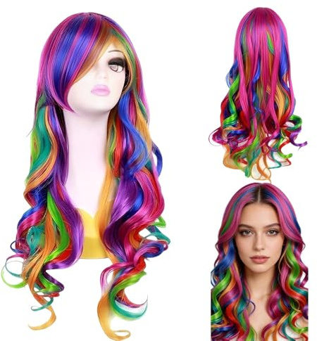 PLLYPE Perücke Bunt Lang Locken, 28 Zoll/70 cm Regenbogen Perücke, Bunte Perücke, Fasching Perücke Damen Regenbogen Geeignet für den Alltag, Rollenspiel, Karneval, Themenparty Animeparty