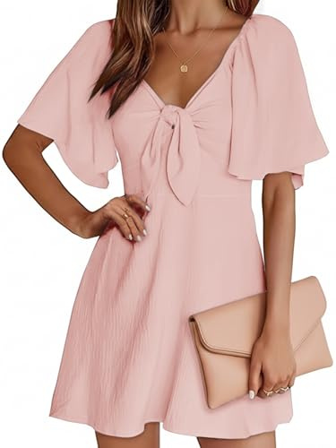Cicy Bell Robe d'été pour femme - Col en V - Mini robe de cocktail élégante - Cravate à l'avant - Manches flottantes