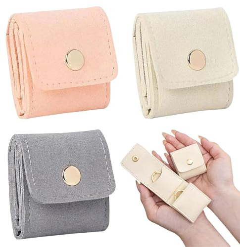 BAHME 3 Pezzi Portagioie da Viaggio Donna, Mini Custodia Gioielli Pieghevole e Portatile, Organizzatore per Collane, Orecchini e Anelli, Bustine da Viaggio Salvaspazio, Grigio/Rosa/Bianco