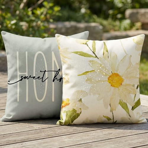 Vorysum Wasserfest Chrysanthemen-Kissenbezug 50x50 cm 2er Set mit “Home Sweet Home” Aufdruck – Grau-Grün mit weißen Blumen – Sommer Outdoor Leinen – für Garten, Balkon & Wohnzimmer