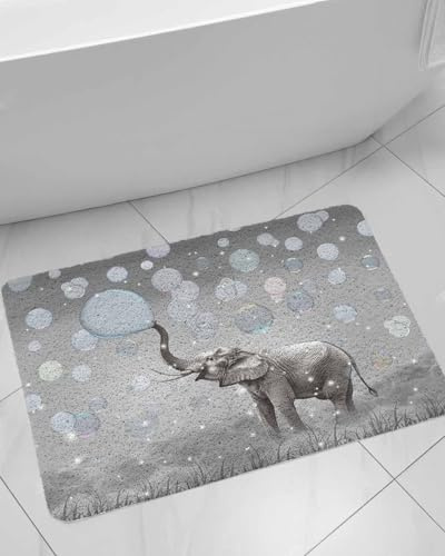 Elephant Bubbles Shower Mat Non Slip Bathtub Mat Vintage Abstract Elephant Blowing Bubbles Grey Bath Mat Soft Loofah Shower Mats for Shower Tub Bathroom Quick Drying Foot Mat, 16x24 Inch