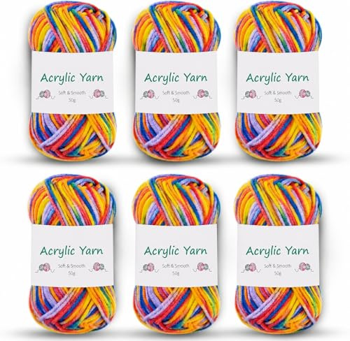 Ovillos de Lana para Tejer y Ganchillo Multicolor, 6x50g (Total 300g) Hilo de Algodón Acrílico Suave, 5 Hebras 2.5mm, Ideal para Principiantes, Bebés y Manualidades DIY (Color Naranja Arcoíris)