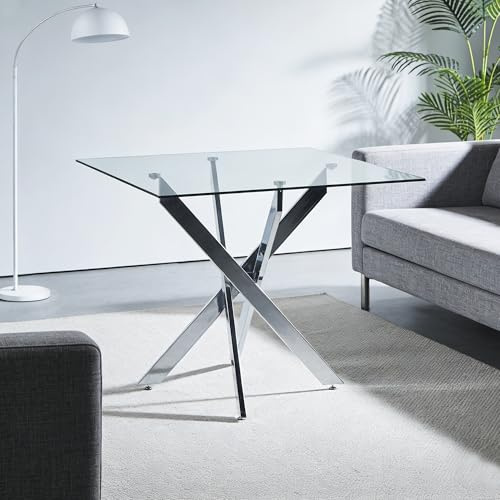 HIYYIH Mesa de comedor cuadrada de cristal, 80 x 80 x 75 cm, mesa de comedor moderna, mesa de cristal templado, patas plateadas cromadas, mesa de cocina redonda para cocina, salón, balcón, oficina