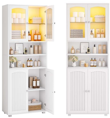 FORABAMB Badezimmerschrank mit mit LED-Beleuchtung, Badschrank mit 2 verstellbaren Ablagen & 2 offenen Fächern, Aufbewahrungsschrank für Badezimmer, Wohnzimmer, Esszimmer, 29.5 x 60 x 179 cm, weiß