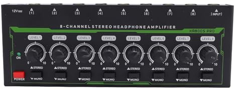 Alomejor Amplificateur de Casque Stéréo 8 Canaux, Ampli de Casque Professionnel de qualité Studio avec Prises D'entrée et Sortie de 6,35 Mm et Lumière RVB, pour Les Musiciens DJ (Réglementation