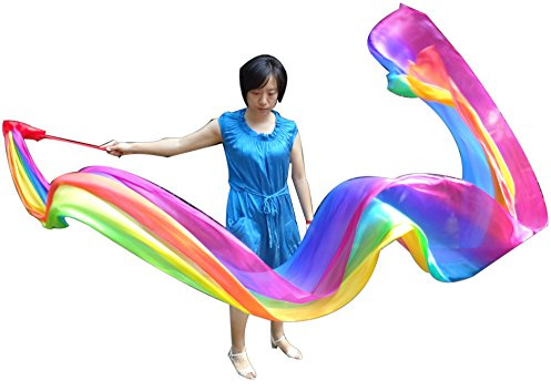 Winged Sirenny 4m Seiden-Tanzband mit Tasche im Acrylstab (Throw Streamer). Handbemaltes Leichtes Seidentuch für Anbetung, Chinesischen Tanz, Flow-Kunst & Bühnenshows (Farbenbogen)