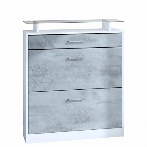 Vladon Schuhschrank Loret 89 x 104 x 23 cm Schuhkipper für 16 Paar Schuhe mit 1 Schublade, 1 Glasablage, Farben Weiß matt & Beton Oxid Optik