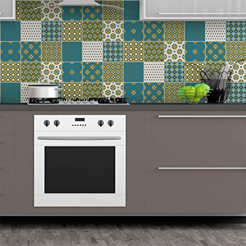 Stickers Carrelage Motif de Mélange Scandinave Azujelos - Carreau de Ciment Mosaïque Auto-Adhésif pour Salle de Bain et Cuisine 20x20cm - 9 Pièces | Carrelage adhésif mural cuisine, pose facile, mosaïques, autocollant carrelage, carrelage adhésif mural salle de bain, ciment