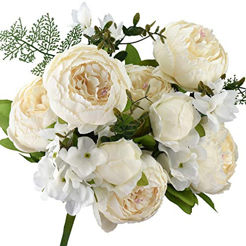 FiveSeasonStuff 1 Bouquet of Peony Silk Artificial Flowers and Hydrangeas/Perfect for Wedding, Bridal, Party, Home, Office Décor (Beige)