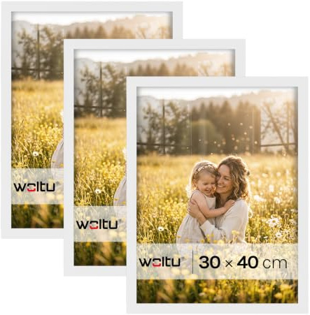 WOLTU Bilderrahmen 30x40, 3er set, MDF-Holz Fotorahmen mit Passepartout | Weiß, Posterrahmen für Poster, Fotos, Puzzle, aufhängbar & aufstellbar, Collage-Wanddeko mit bruchsicherer PS-Platte