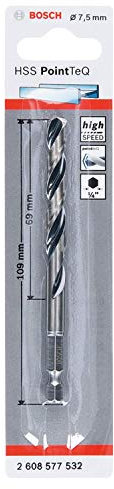 Bosch Accessories PointTeQ Punta per trapano esagonale per metallo, diametro 7.5 mm, lunghezza 69 mm, lunghezza totale 109 mm, accessorio per avvitatore a percussione