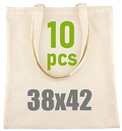 IDEA HOME 10 Stück Baumwolltasche 38x42cm- Jutebeutel Groß - Stoffbeutel Unbedruckt, Personalisierung Möglich – Bestickung oder Bemalung - Stofftasche mit zwei langen Henkeln