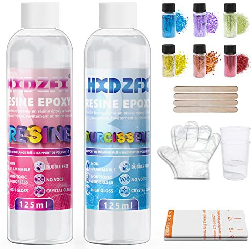 Epoxidharz mit Härter 250ml/275g Glasklar Kunstharz Gießen Epoxy Resin - 2 teiliges Gießharz für Resin Kunst Projekte, Schmuckherstellung - Bonus Handschuhe, Glitze, Messbecher und Holzstäbchen