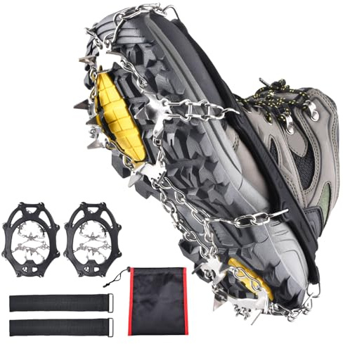 Azarxis Crampons Ice Traction Cleats Snow Grips for Boots Shoes with Anti Slip 24 Stainless Steel Spikes for Walking Climbing Hiking Ice Fishing for Men Women Kids (Black - L)