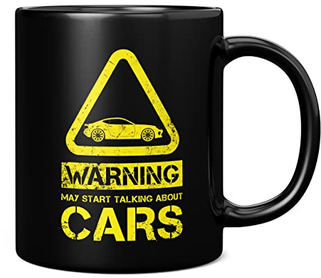 Mug Monster - Warning May Start Talking About Cars Funny Gift Mug - Ceramic Coffee Cup, Gift for Men or Women, Extra Large and Giant Available, 11oz Black