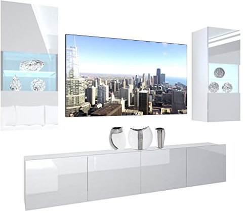 BELINI Meuble Mural NEX 7 avec LED, Blanc très Brillant | Ensemble de Salon Complet, Ensemble Meuble TV avec Illumination LED, Dimensions: 200 x 180 x 36 cm