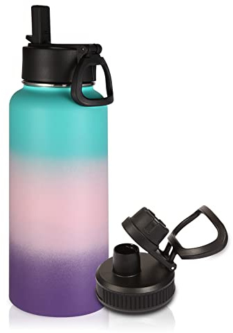 Volhoply 1 Litre Water Bottle with Straw Lid & Spout Lid,Insulated Sports Water Bottle,Double Wall Vacuum Stainless Steel Tumbler,Leak Proof Wide Mouth Metal Flask,Keeps Cold or Hot(Gradient Color,1)