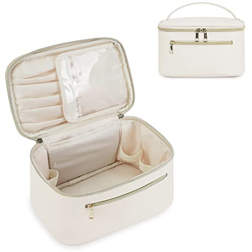 Wandering Nature Makeup Bag, Travel Make Up Organizer Cosmetic Brush Bags Case for Women in Vegan Leather, Milky White, Patent Pending