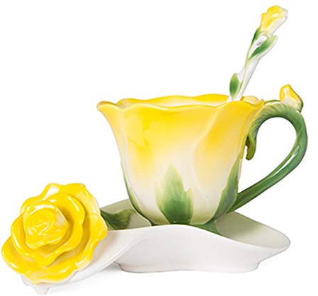 Tazzine Da Caffè,Caffe Con Piattino Forma 3D Rosa del fiore dello smalto in ceramica tazza di caffè tè e piattino Cucchiaio Di alta qualità in tazza di porcellana creativo regalo di San Valentino desi