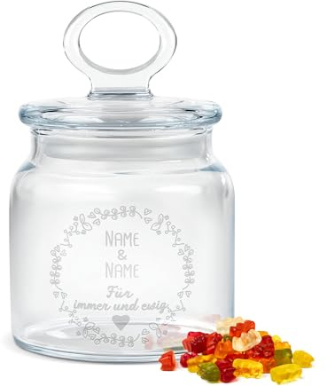 Print Royal PR Personalisierte Keksdose aus Glas mit Gravur - 550 ml - Für immer und ewig mit Namen als Geschenk für Frauen zum Jahrestag | Personalisiertes Geschenk Ideen Jahrestag