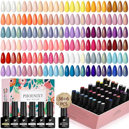 Phoenixy Lot de 42 vernis à ongles gel UV avec couche de base brillante mate dorée et couche de finition dorée, rouge, bleu, violet, orange, cadeau pour femme
