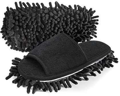 Onmygogo Pantoufles de nettoyage de sol en microfibre avec tissu en tissu éponge, pantoufles à dépoussiérer pour femmes, Noir , 37/39 EU