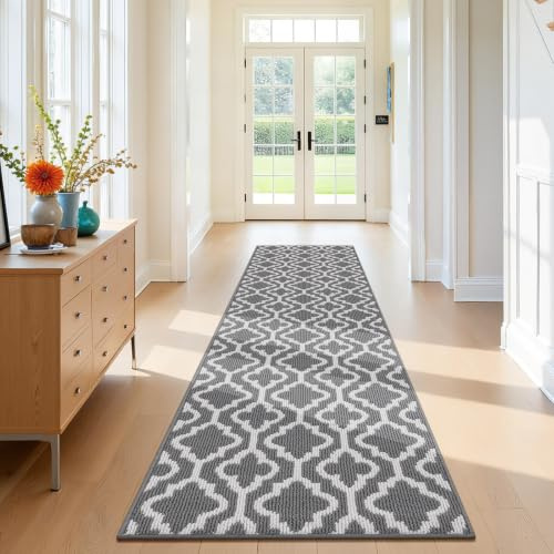SHACOS Teppich Läufer 66x300 cm Läufer Flur rutschfest Flurteppich Lang Modern Küchenteppich Waschbar Flur Teppich Läufer für Küche, Eingang, Wohnraum, Grau