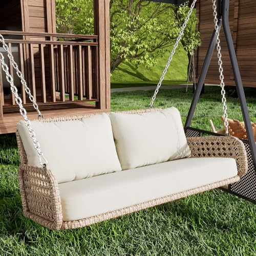Hängeschaukel 2-Sitzer, PE-Rattan Gartenschaukel mit Sitzkissen & Ketten, Hängebank Schaukelbank Gartenbank, Doppelschaukel für Garten Balkon Veranda, bis 320KG, Beige