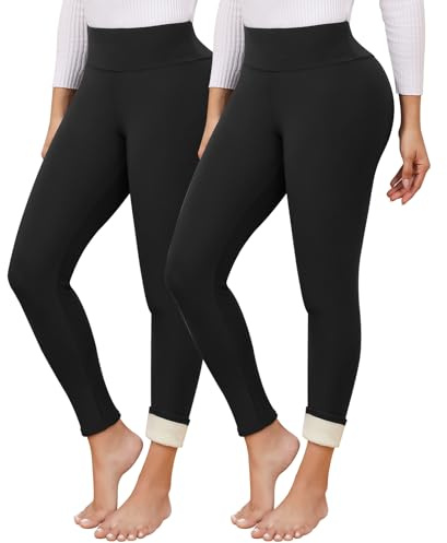 Vorvowry Fleece Lined Leggings Women UK Thick Warm Fluffy Elastic High Waisted Tummy Control Ladies Winter Thermal Leggings 2PC Black L