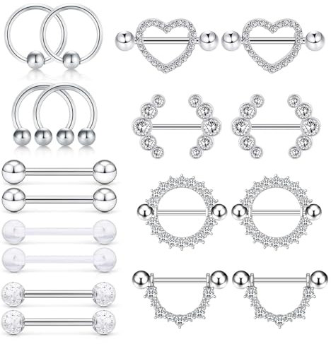 XSDSLS 9 Paar Nippelpiercing Set für Damen,Edelstahl Nippel Piercing,Kubischer Zirkonia Brustwarzenpiercing,Nippel Piercing Herz Barbell Ringförmig für Frauen Mädchen (Silber-2)