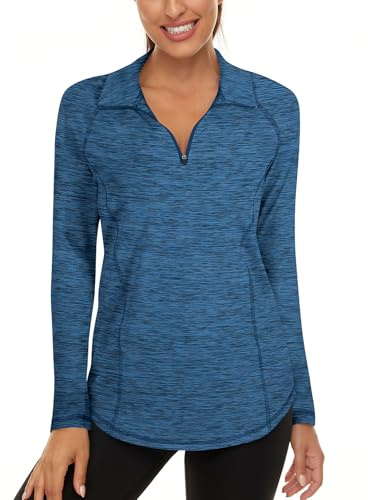 Akiooue Long Gym Tops for Women，Running Tops for Women UK Ladies Golf Tops Yoga Tops for Women 1/4 Zip Up Jackets Workout Tops Blue Black
